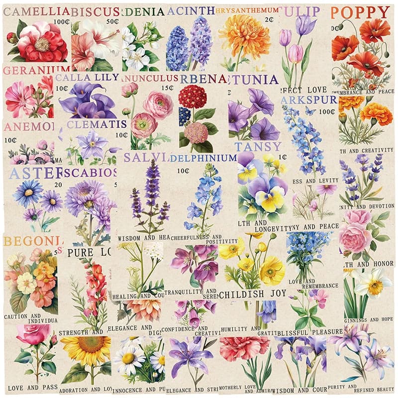 50 pezzi di timbri postali con fiori vintage, adesivi graffiti, estetica, botanica, decorativa, per notebook, buste per chitarra, decalcomanie, giocattolo per bambini