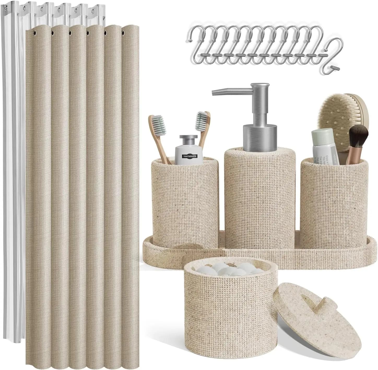 Set di Accessori per Bagno Beige da 19 Pezzi con Tenda Doccia, Dispenser Sapone e Portaspazzolino - Arredo Bagno Completo