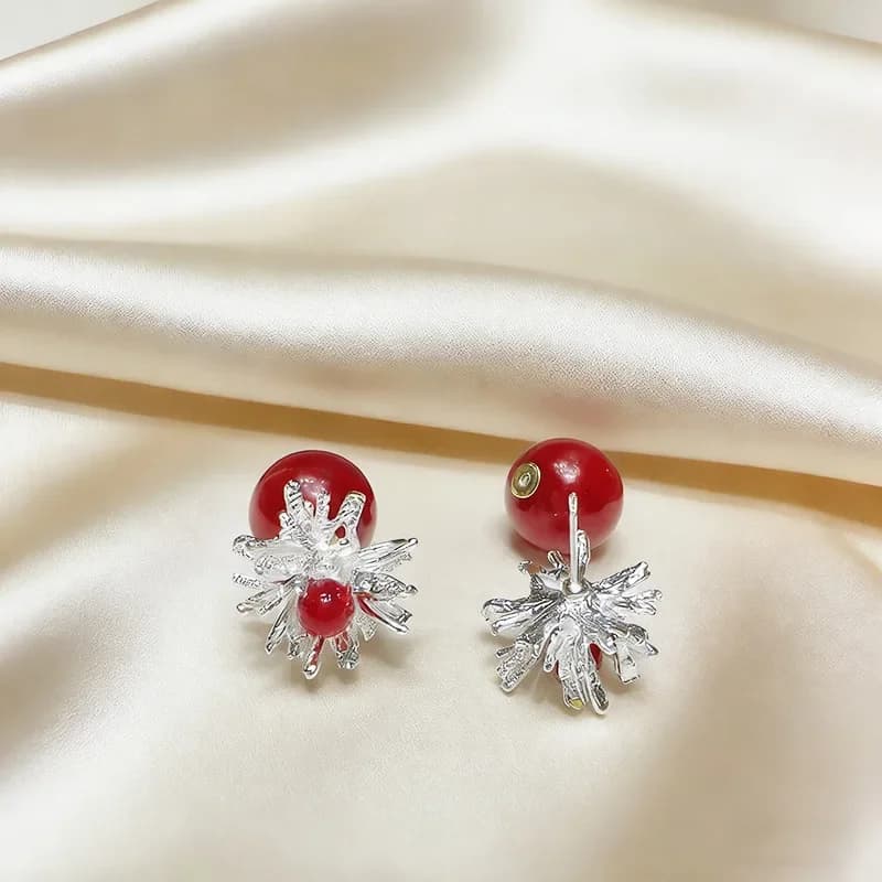 Front and rear two wearing flower red bead stud earrings women's new fashion versatile earrings unique niche design sense popular earrings