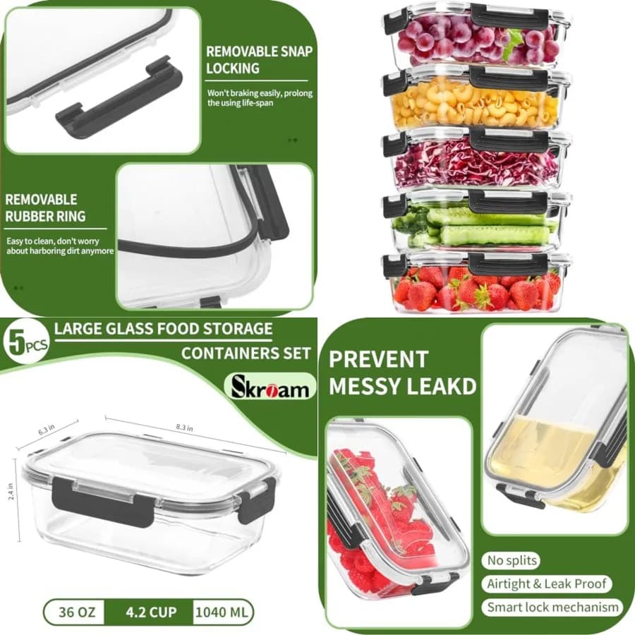 Set di 5 Contenitori in Vetro per Alimenti da 36OZ con Coperchi Ermetici, Contenitori in Vetro per Preparazione Pasti, Organizzatori per Dispensa e Stoccaggio