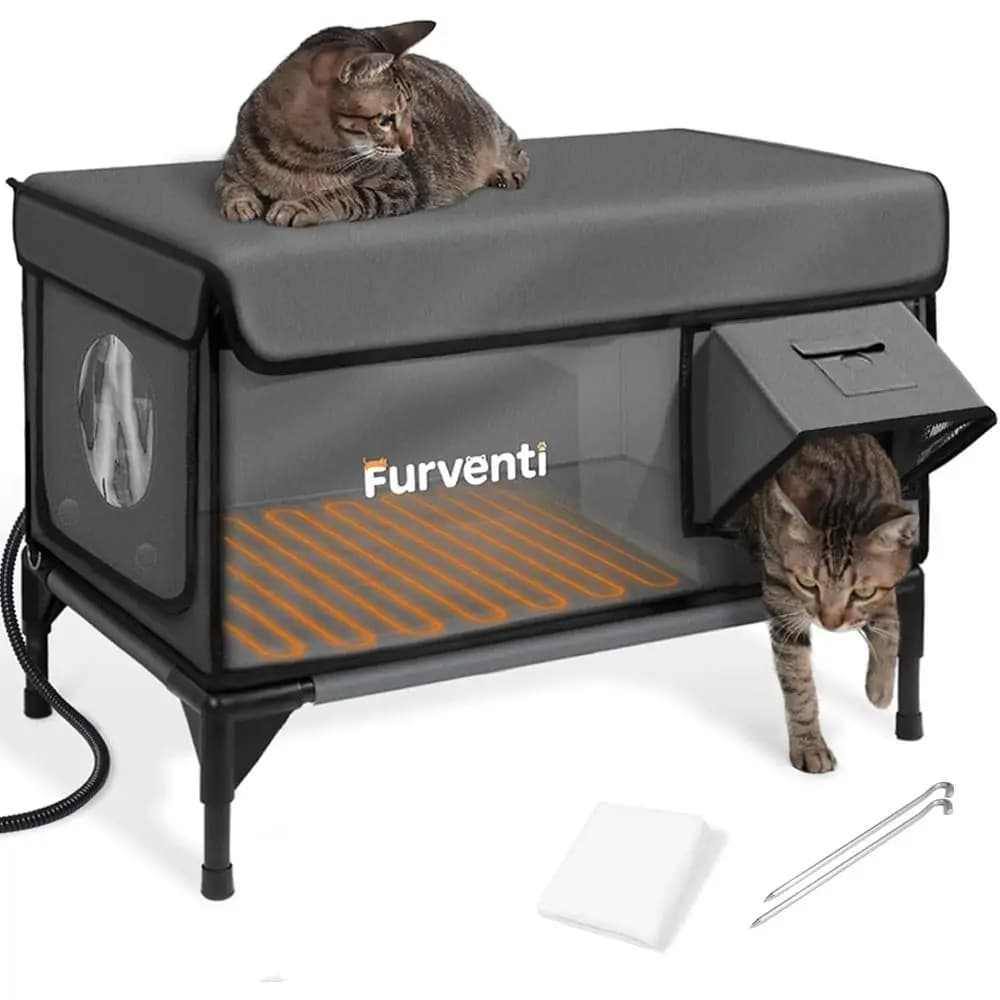 Cuccia Riscaldata per Gatti da Esterno, Doppio Supporto per Telecamera, 100% Impermeabile ed Estremamente Isolata, Rifugio Rialzato per Gatti con Porta Ese, Resistente alle Intemperie