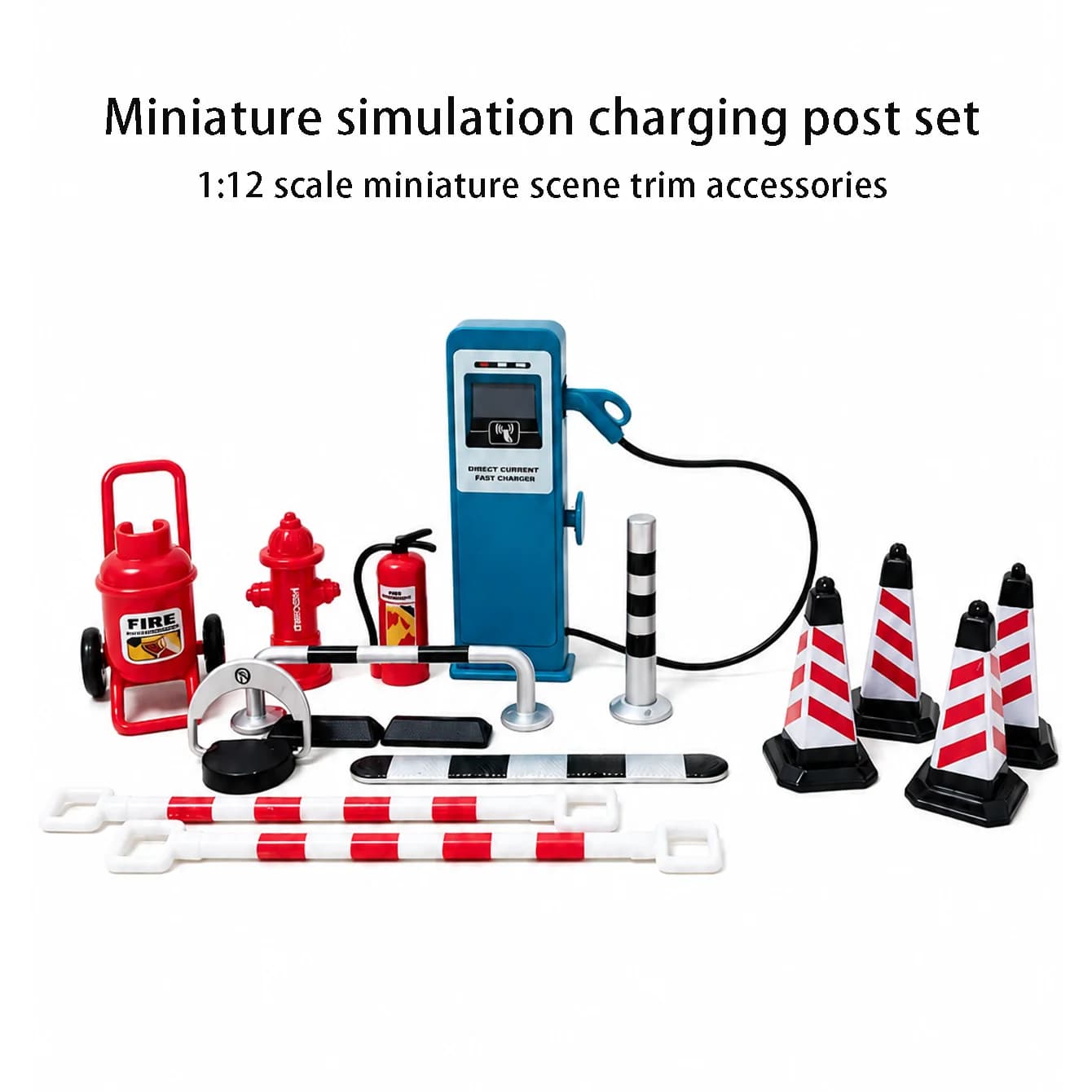 Compact parking lot charging station complete set of accessories: fire extinguisher, fire hydrant, traffic cones