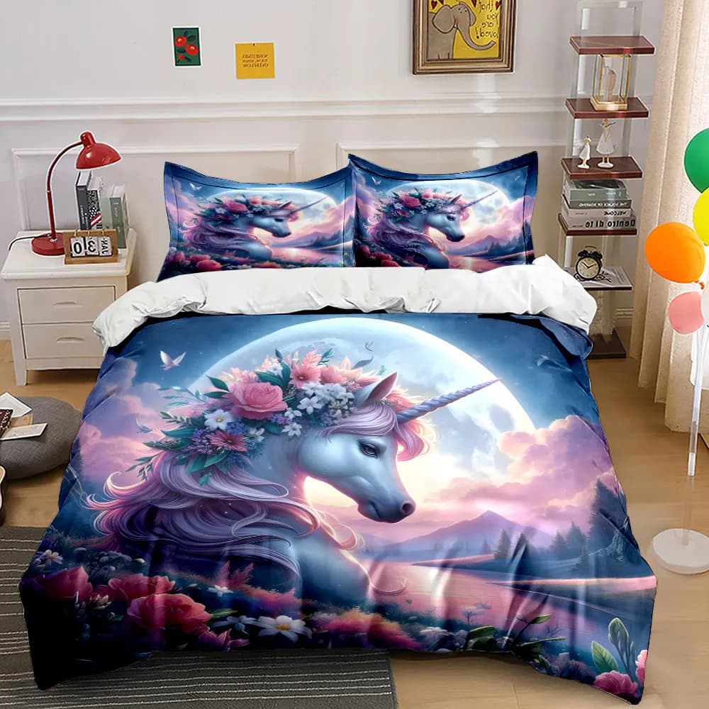 Dreamy Unicorn by Moonlit Lake Printed Duvet Cover Set1 Duvet Cover+2 PillowcaseMulti Size Bedroom Bedding Decor Luxury gifts
