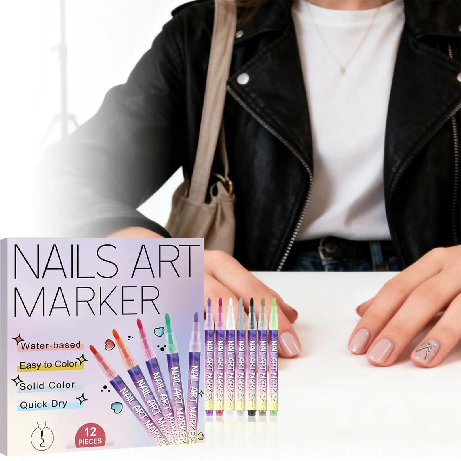 Set di 12 Penne per Nail Art Acrilica 3D, Pennarelli Colorati per Unghie, Strumento per Disegno DIY, Impermeabile e ad Asciugatura Rapida