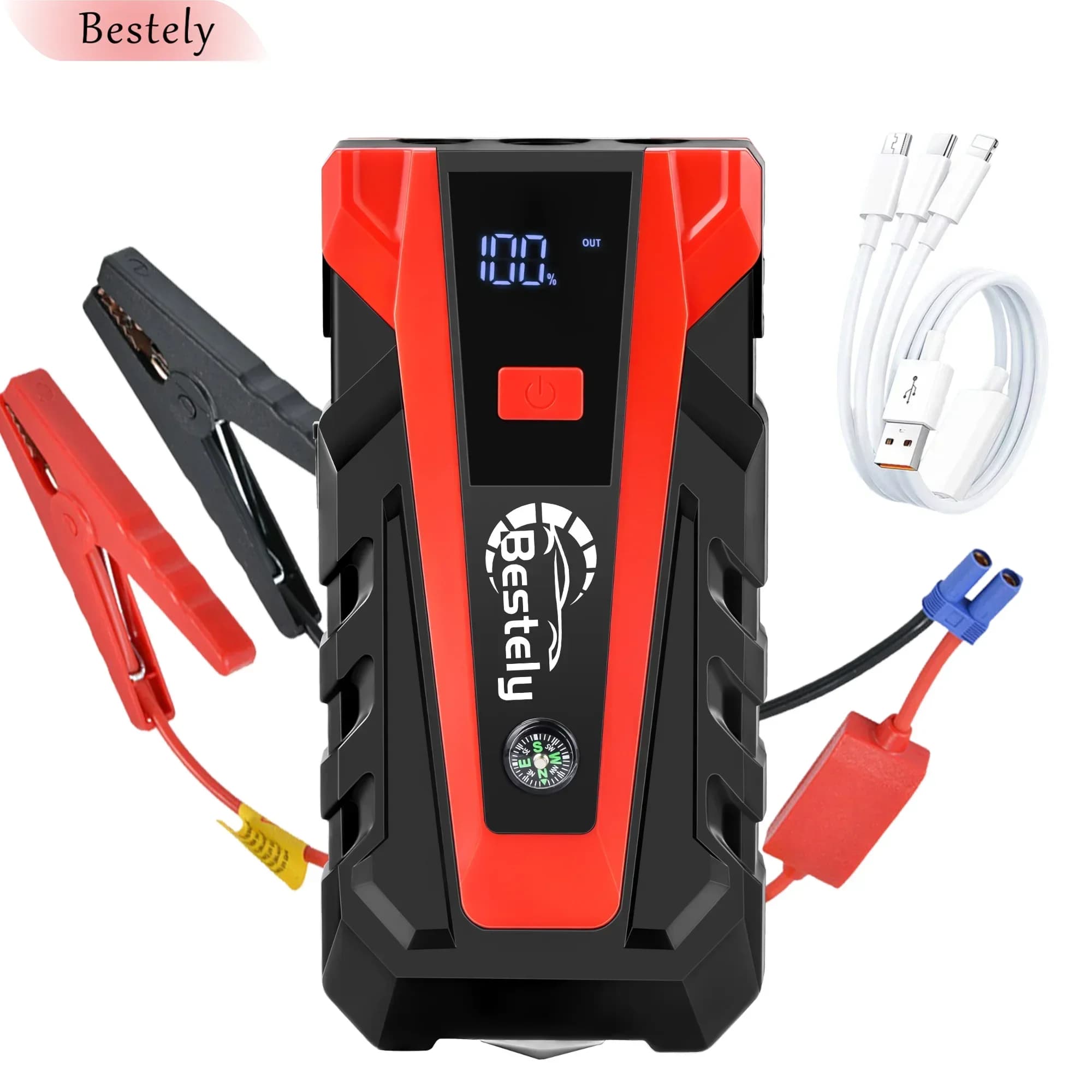 Avviatore di emergenza per batteria per auto da 12 V, pacco batteria di avviamento di emergenza da 12 V Picco 3000 A, scatola di salto portatile con schermo LCD completo, luce LED e USB