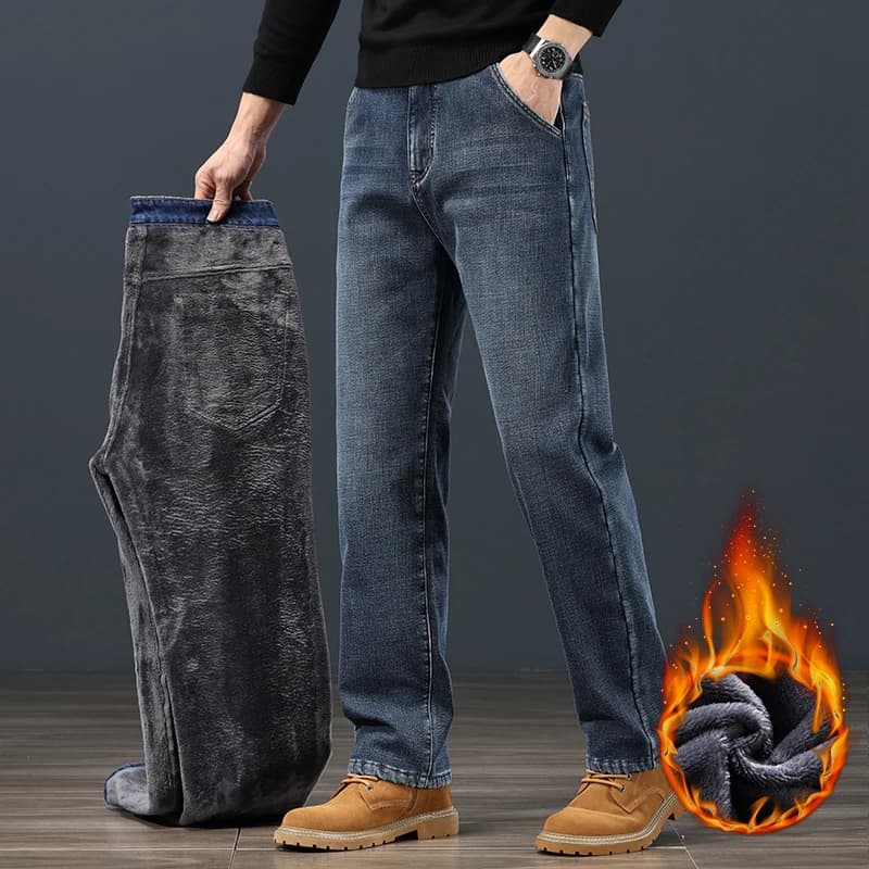 Jeans da uomo caldi in pile invernale Pantaloni classici in denim di peluche dritti larghi Pantaloni termici casual elasticizzati alla moda addensati 42 44