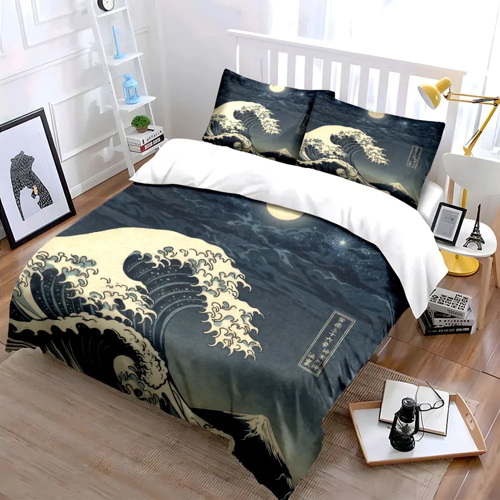 Set di biancheria da letto con copripiumino morbido e confortevole, decorazione per la casa con motivo a onde giapponesi, include 1 copripiumino e 2 federe, regalo