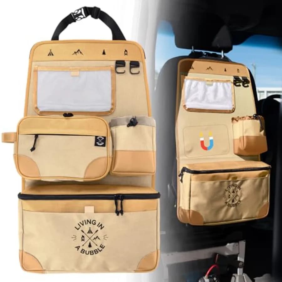 Organizer Magnetico per Sedile Auto, Borsa Portaoggetti e Termica in Cordura, Porta Dispositivi con Ganci, Multi-Scomparto