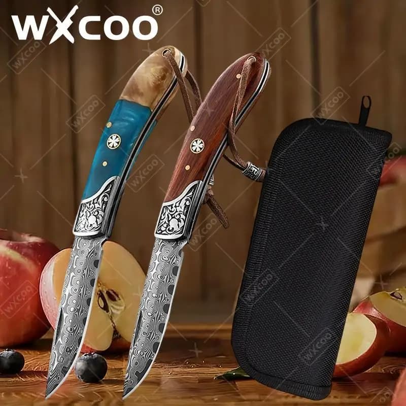 Coltello da Cucina Pieghevole WXCOO in Acciaio Damascato per Carne, Frutta, Verdura, Pesce, Utensile da Chef per Disossare e Tagliare