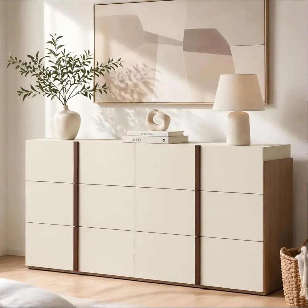 Cassettiera a 6 cassetti per camera da letto, bianco crema, cassettiera larga 54 pollici con maniglie verticali in legno di noce, bicolore, stile Mid-Century Modern