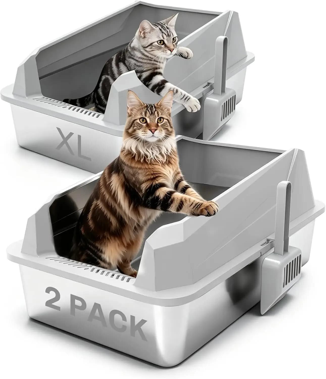 Tescat Set di 2 Lettiere in Acciaio Inox con Coperchio, Lettiere in Metallo XL con Bordi Alti, Lettiere Extra Large per Gatti