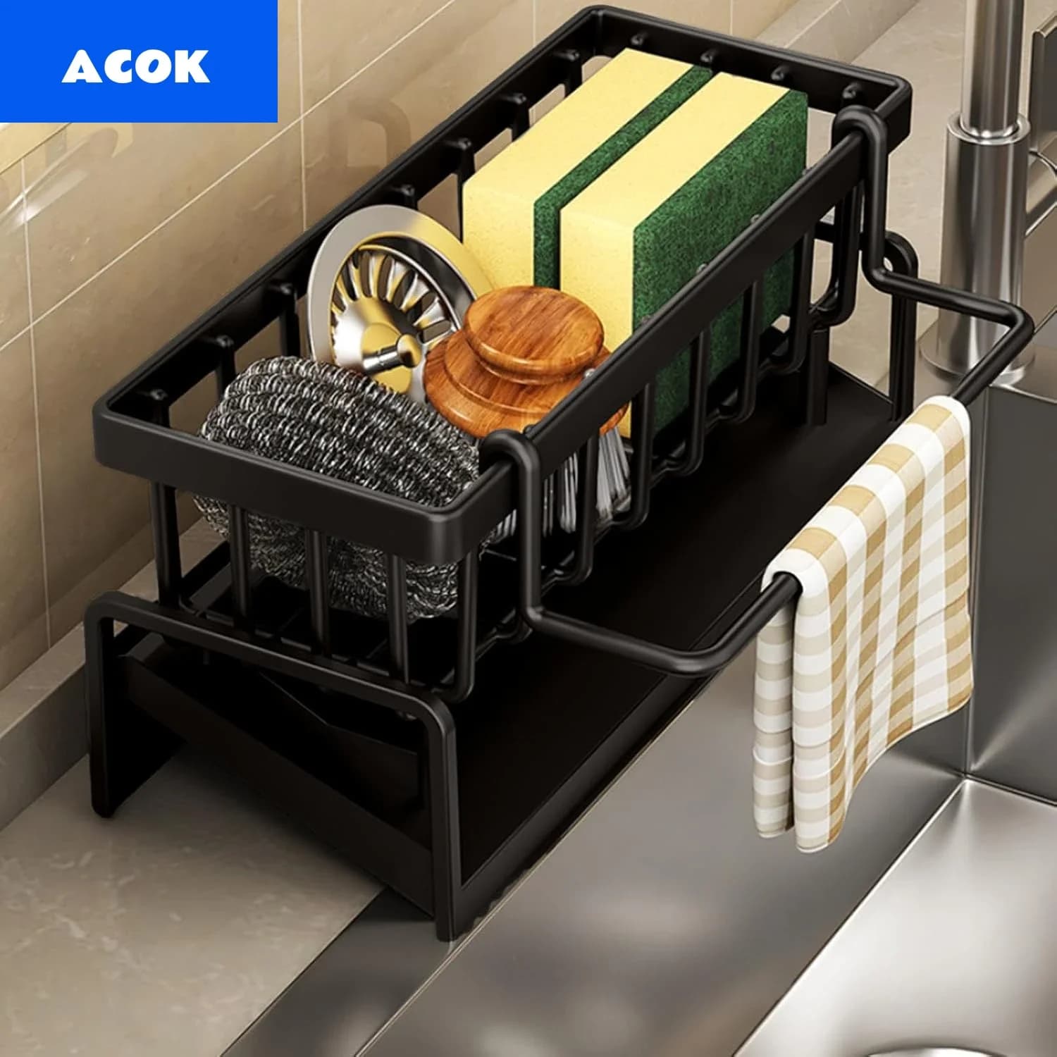 Integrated kitchen sink storage rack, equipped with self-draining tray and hanging rods - for placing sponges, soap dispensers,