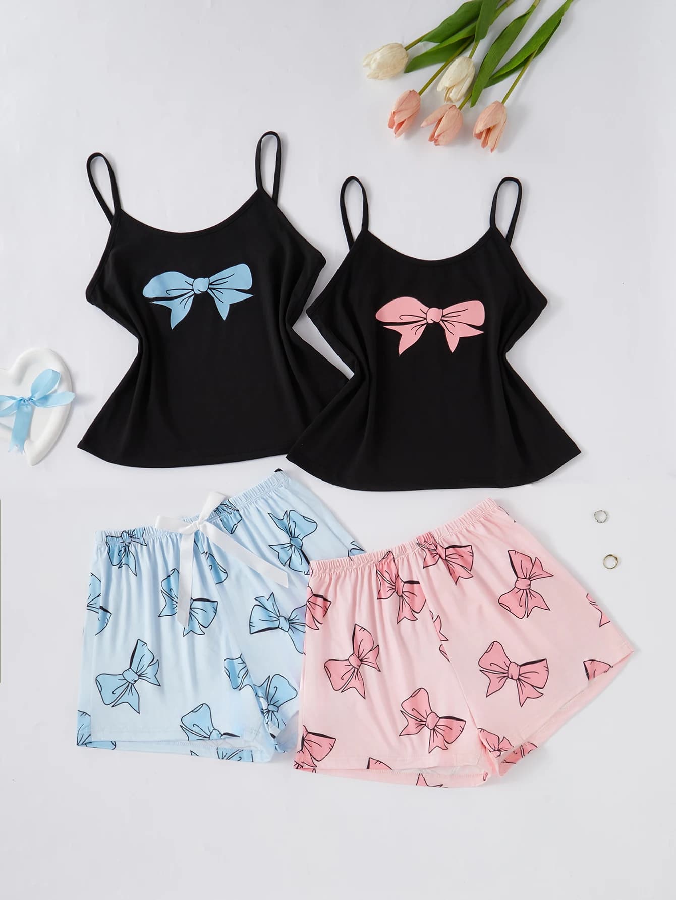 A new style of soft and breathable two-piece set for women, featuring a halter top, shorts, bow print, cute pajama set, and casu