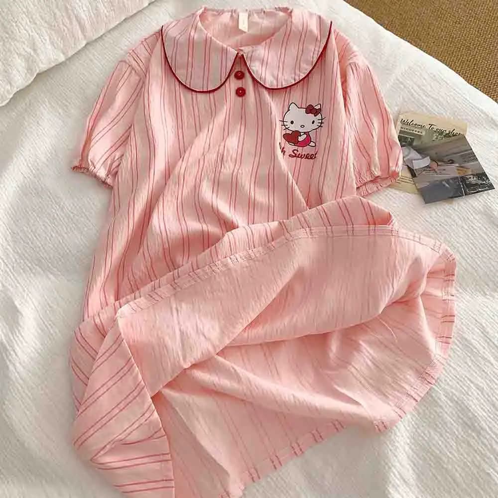 Hello Kitty Cartoon Women's Sleepwear Cloud Cotton Short Sleeves Sweet Sleep Skirt Summer Cute Loose Sleepwear Home Clothes Gift