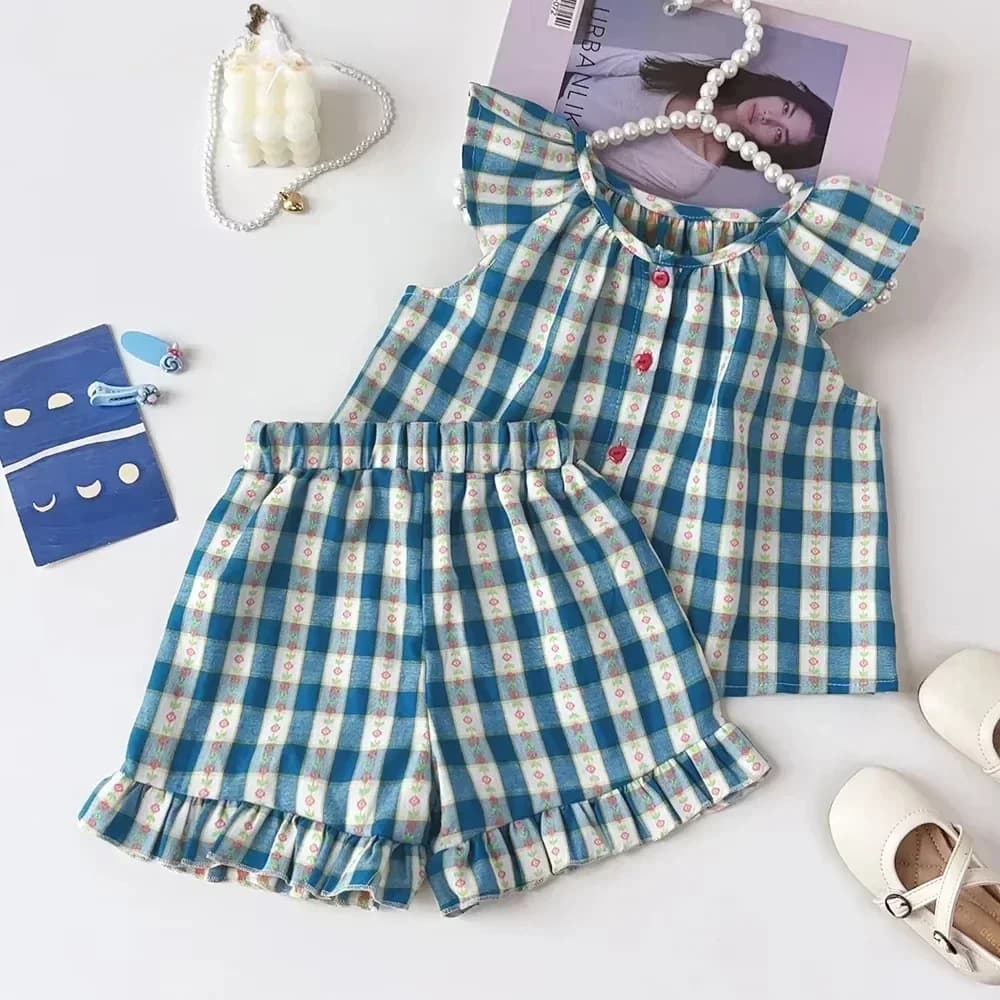 Summer Sweetheart Baby Girl Blue and White Checkered Casual Clothes Single Breasted Flying Sleeve Top+Lace Shorts Two Piece Set