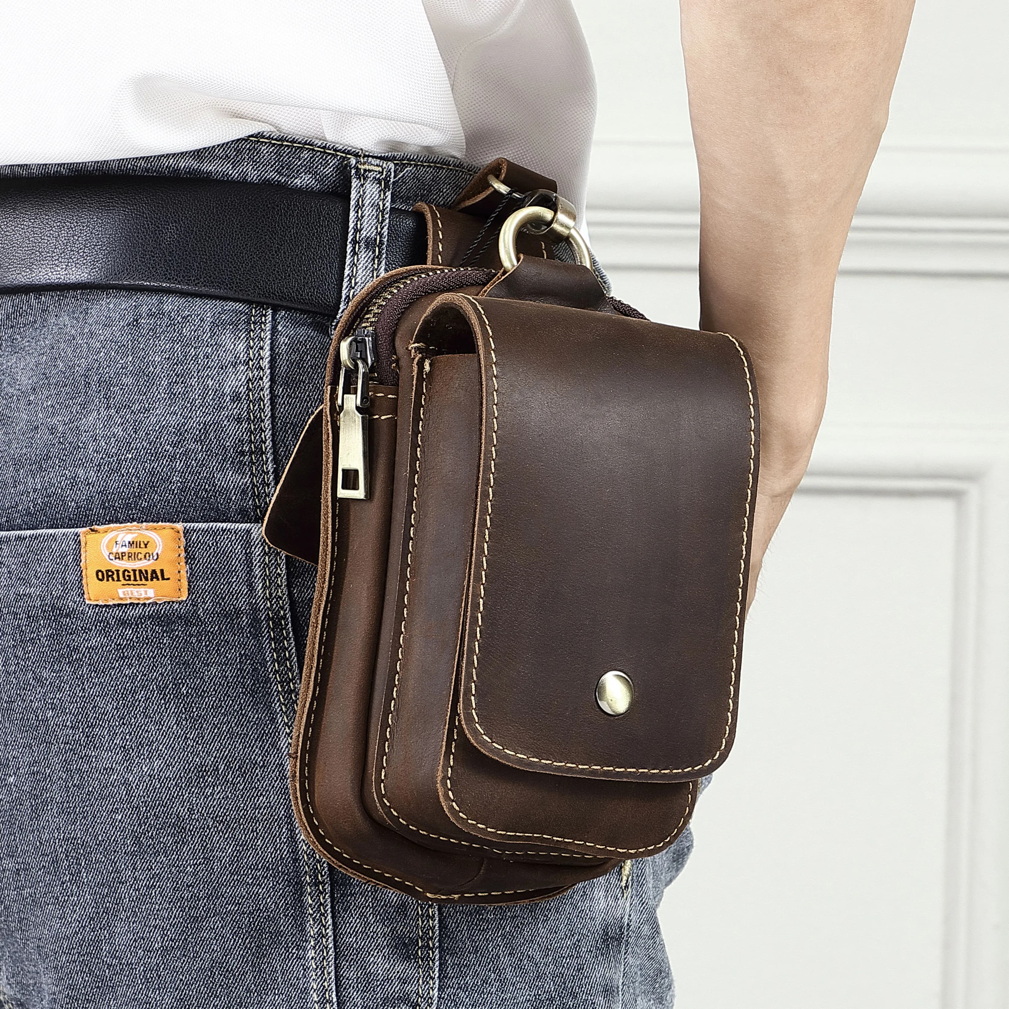 AIGUONIU Vera Leather Retro Hook Design Cellular Waist Small Waist Bag Fanny Pack