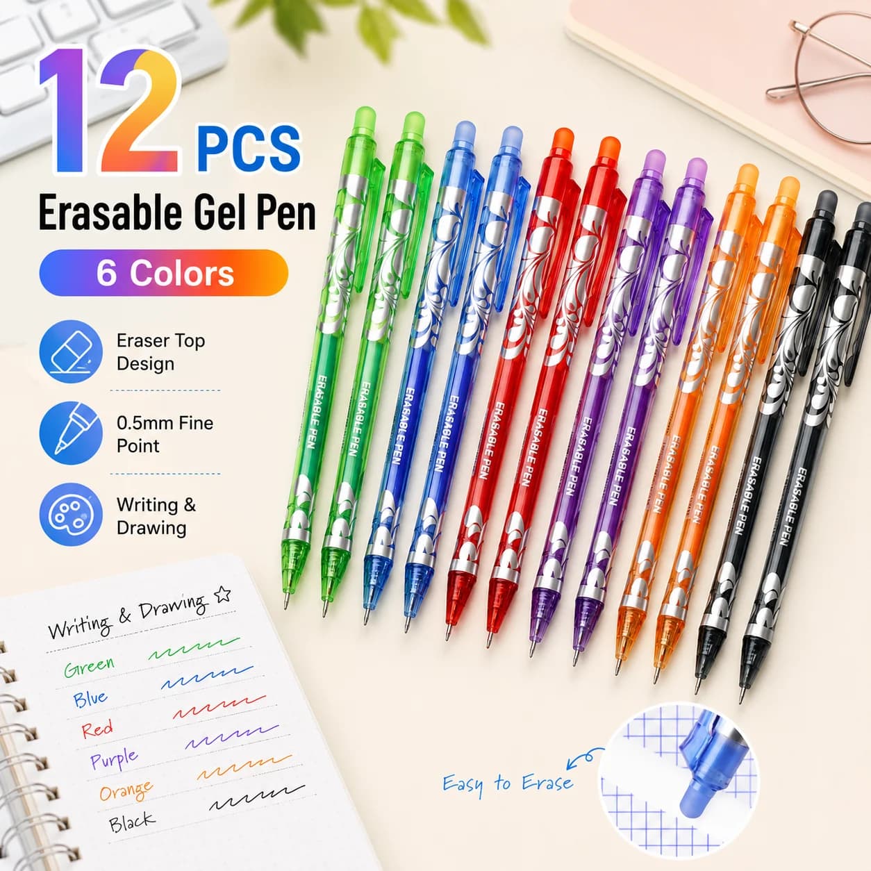 12Pcs 0.5mm Erasable Gel Pens Set 6colors Refill Rod Magic Ink Erasable Pen Washable Handle Office Writing School Stationery
