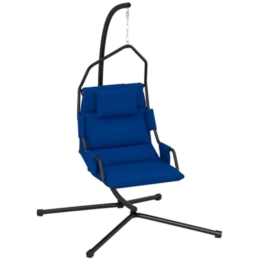 Sedia Amaca con Supporto per Interni ed Esterni, Sedia Sospesa con Cuscino in Tessuto Oxford Rivestito in PA, Blu Scuro, Telaio in Acciaio per Camera da Letto