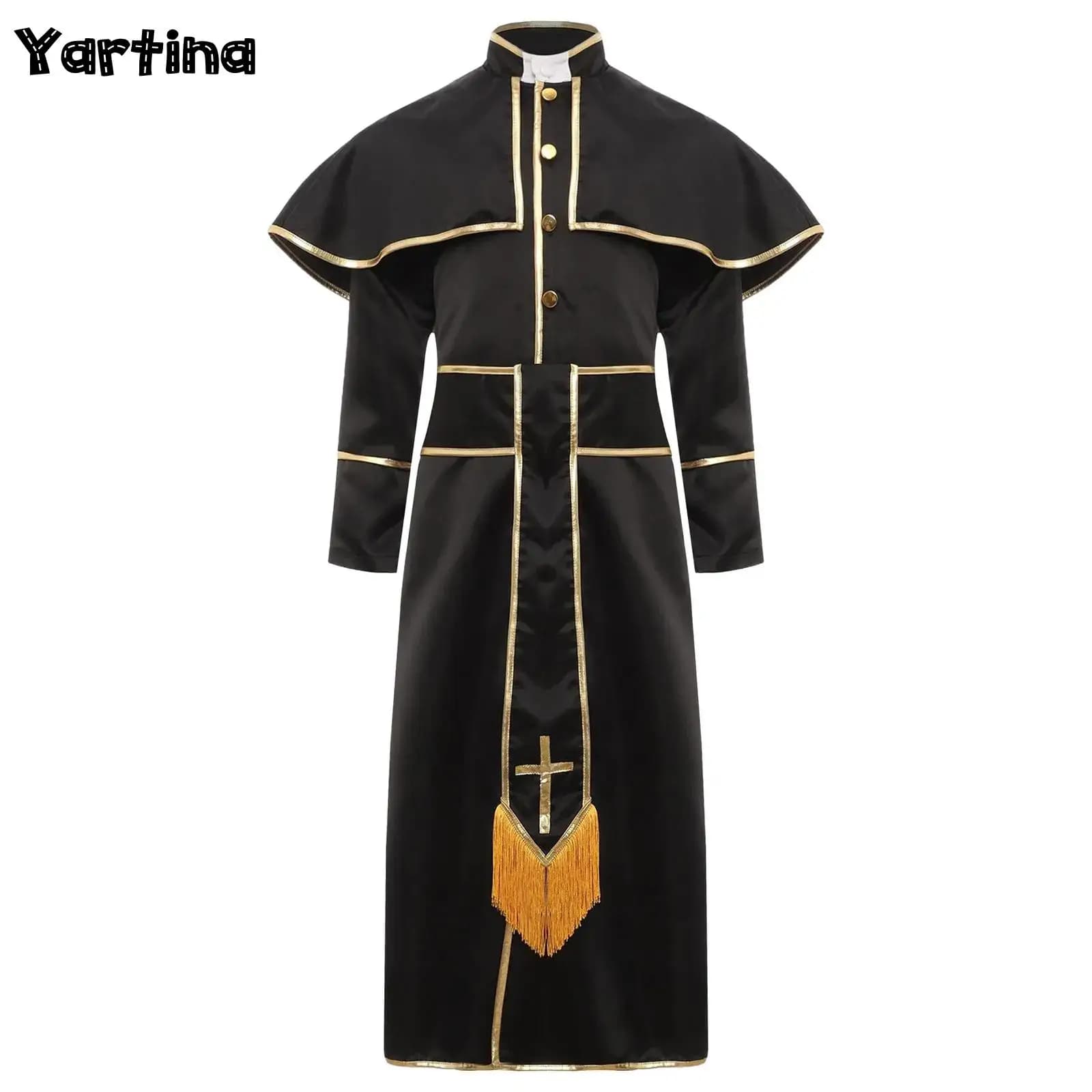 Church priest costume for girls and boys, clergy minister, cosplay costume, role play, Halloween performance, shepherd dresses with belt