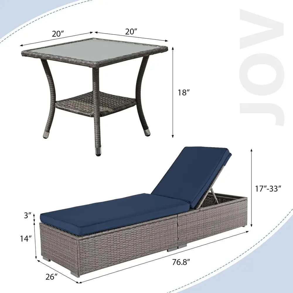 Set di 2 Chaise Longue con Tavolino, Schienale Regolabile a 5 Angolazioni e Cuscini Rimovibili, Sedia Lounge da Esterno in Rattan PE