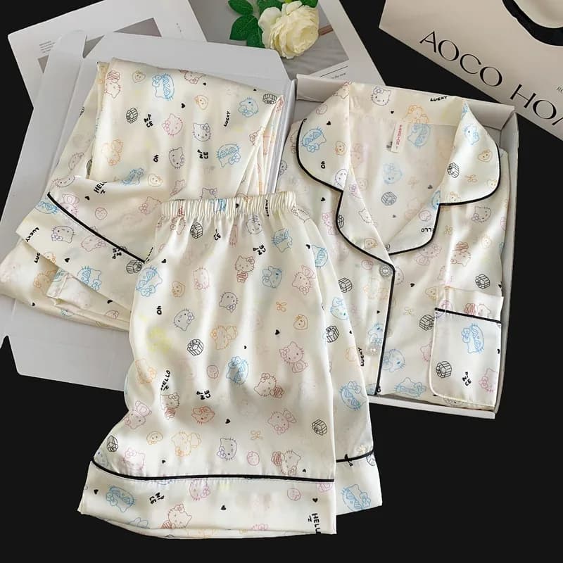 Hello Kitty Multicolor Print Satin Pajama Set Women's Short Sleeve shotrs Pants Sanrio leisure Cute Kawaii Button-Up Sleepwear