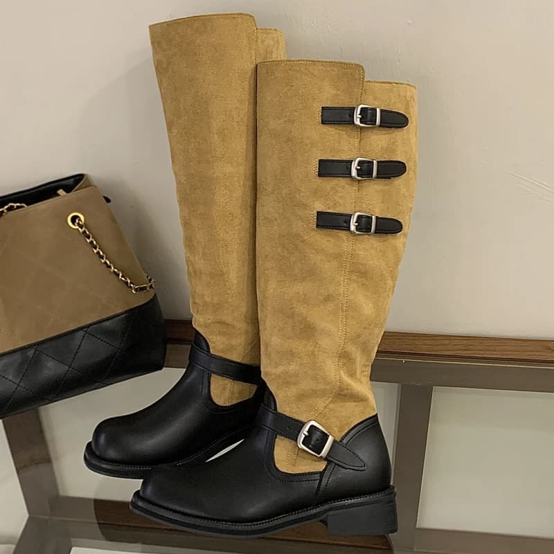 Eilyken New Design Splicing Strap Buckle Knee-High Boots Woman Round Toe Square Low Heels Shoes Punk Style Modern Booties