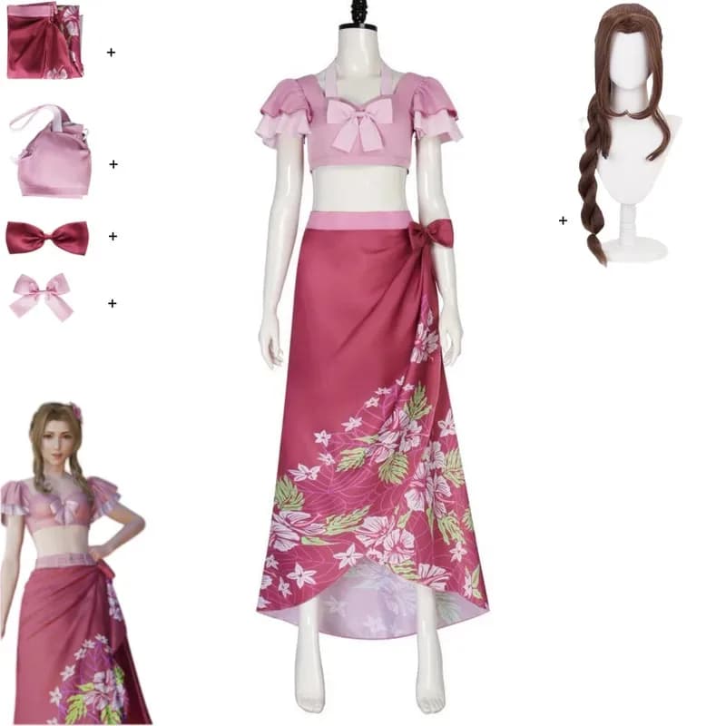Gioco Final Fantasy VII Aerith Gainsborough Costume Cosplay Giorno estivo Gonna rosa Top a tubo Parrucca Donna Carnevale sexy Set di Halloween