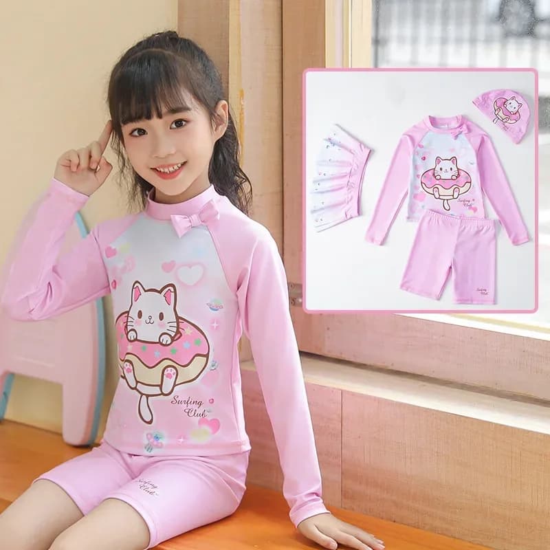 UPF50 + Shared swimsuit with cute kitten cartoon with girls' bath cap, children's swimsuit with pink long sleeve sun protection, 4 piece set,