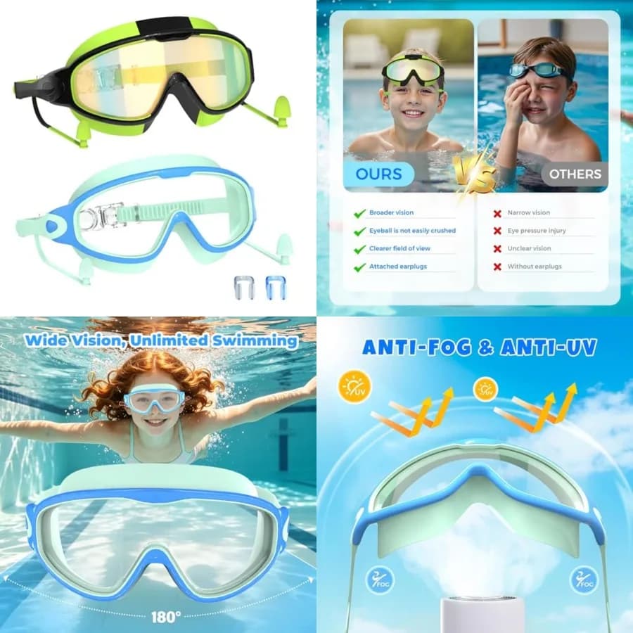 Occhialini da nuoto per bambini da 3 a 15 anni con tappi per le orecchie, montatura grande, antiappannamento/anti-UV, per ragazzi e ragazze, 2 pezzi