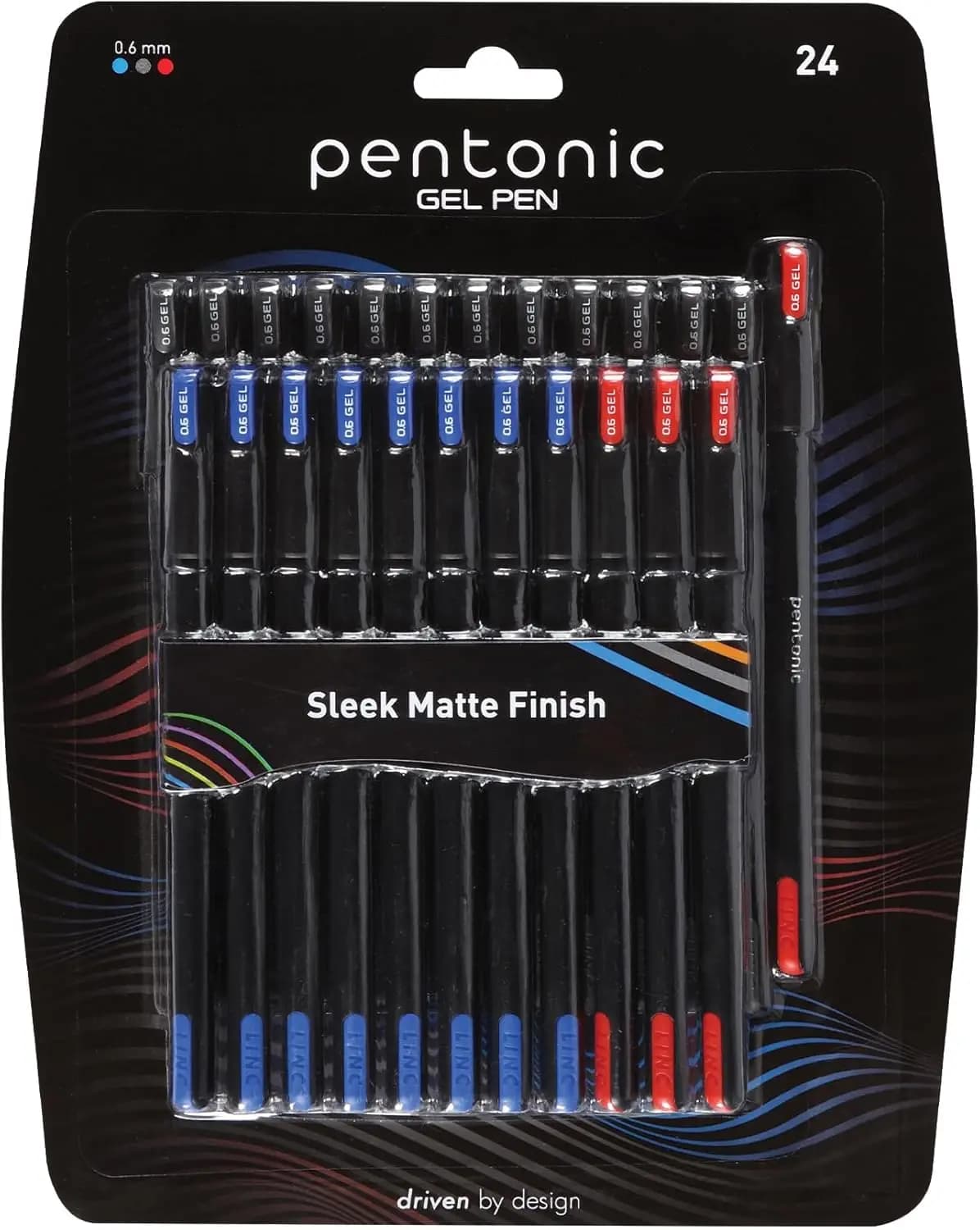 24 penne gel, punta fine da 0,6 mm, scrittura fluida, colori assortiti (12 nere, 8 blu, 4 rosse)