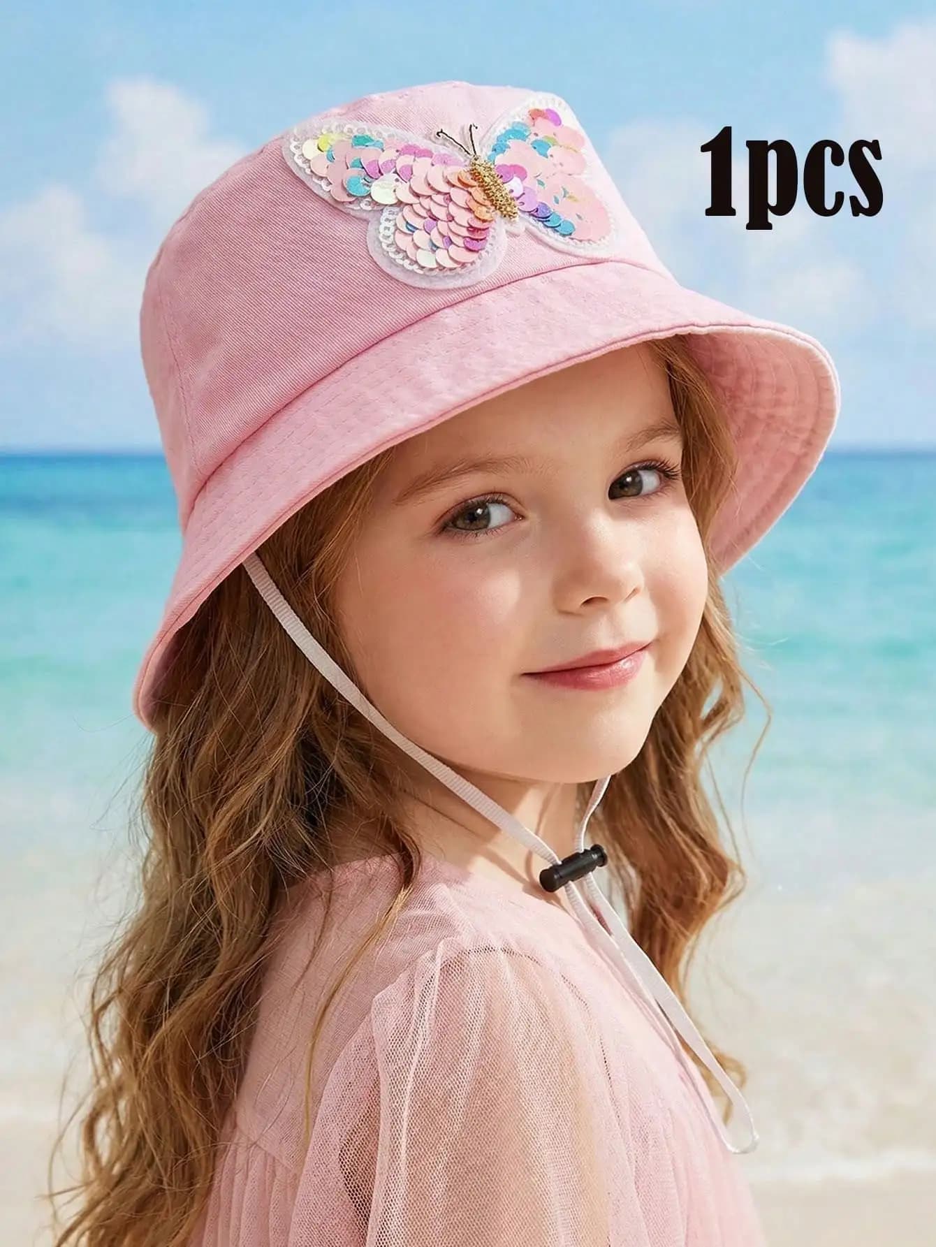 1 cappello da pescatore con farfalla e paillettes per ragazze da 3 a 8 anni, rosa, con circonferenza della testa regolabile, sottile, per protezione solare, cappello estivo