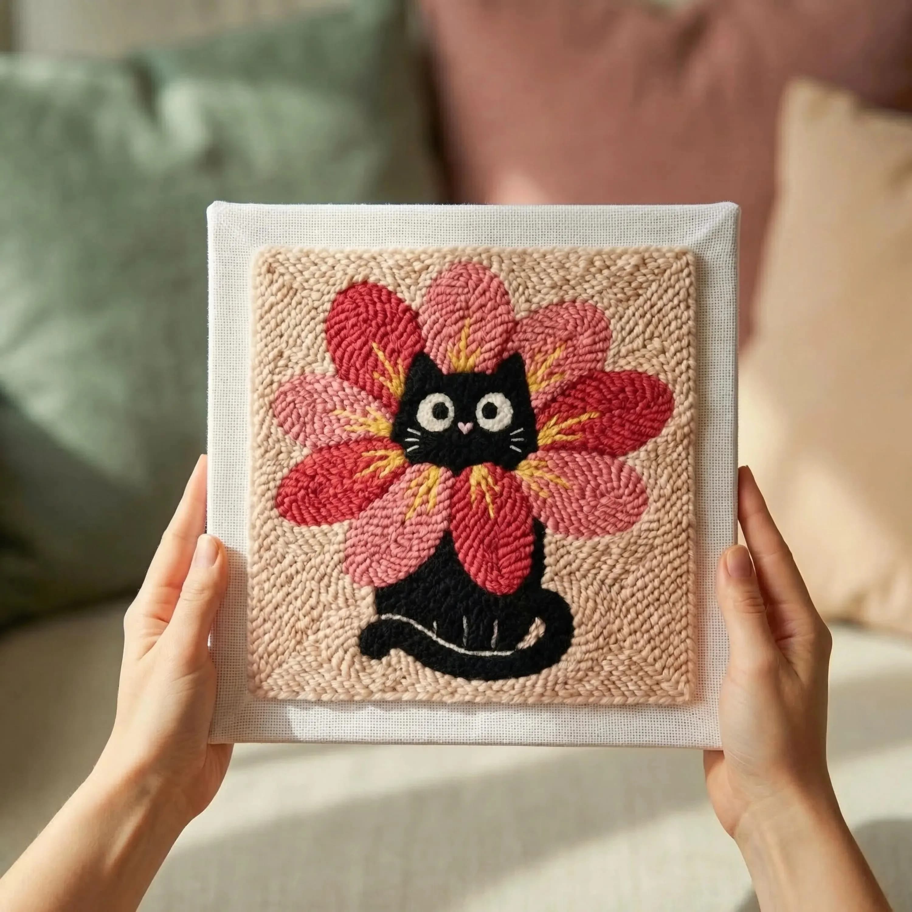 Cat Flower Embroidery Punch Needle Kit Wool Poke Embroidery Set Cross Stitch Kit Home Decor Easy Knitting And Needlecraft Kit