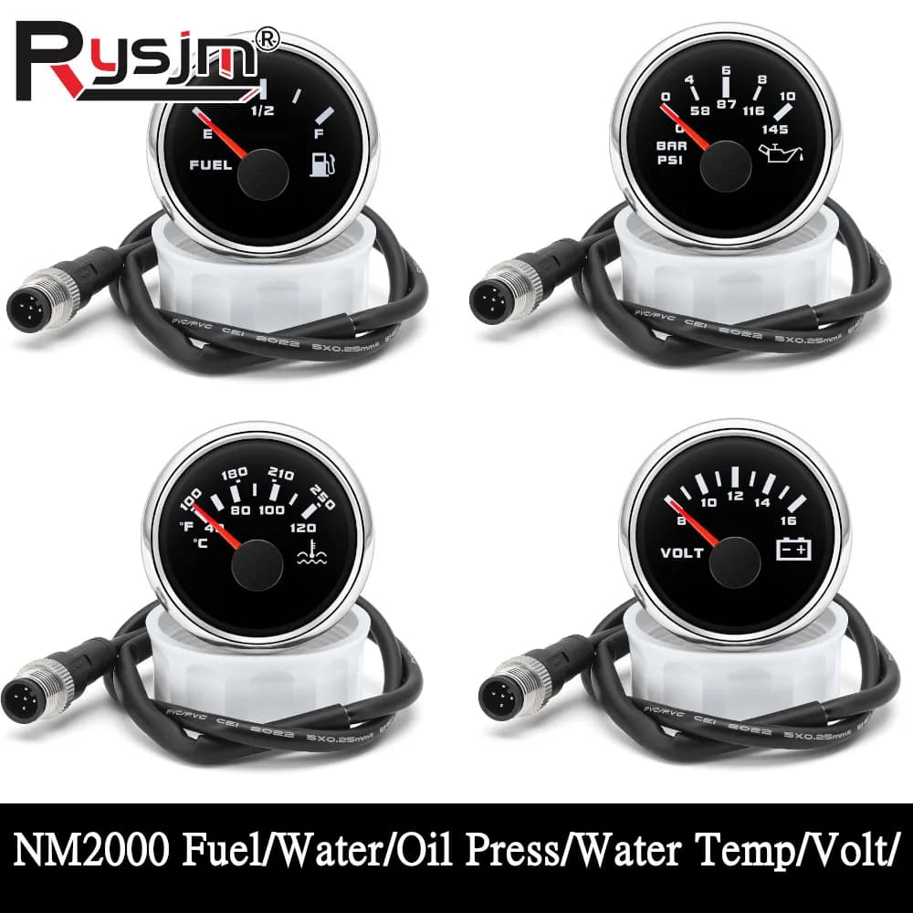 NMEA 2000 52mm Fuel Level Gauge 0-10Bar Oil Press Voltmeter 8-16V Water Temperature Meter 85mm NMEA2000 Tachometer for Car Boat