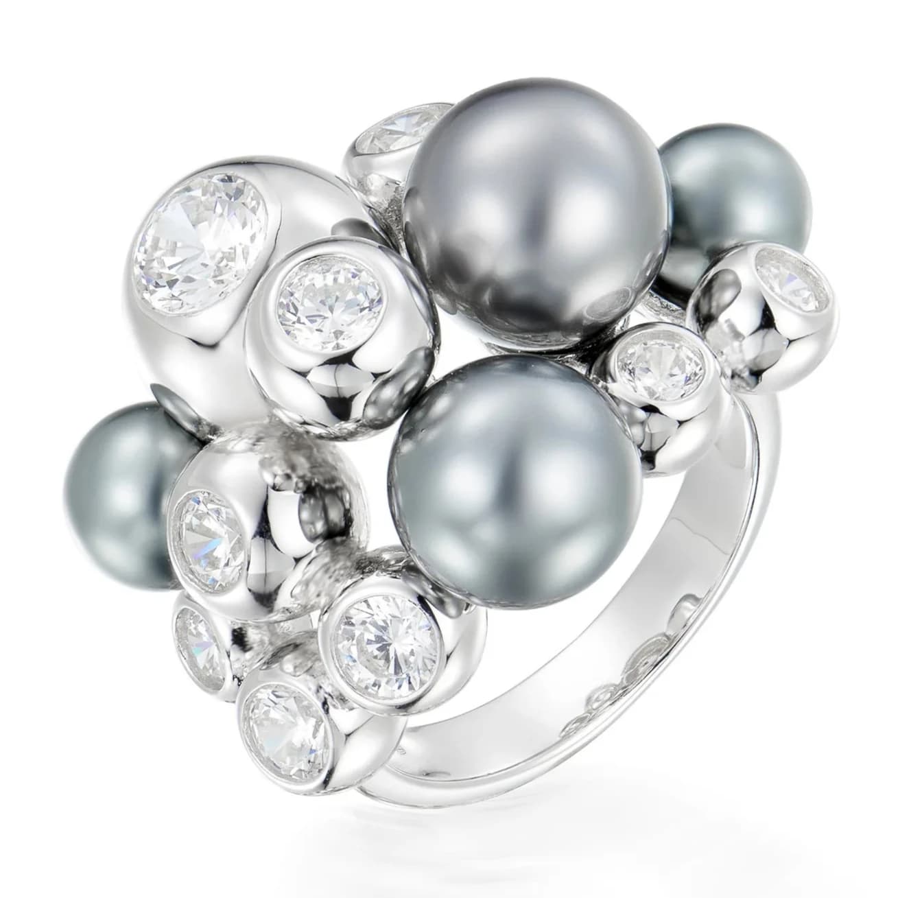 Anello Cocktail di Lusso con Perle Grigie, in Argento Sterling 925, Gioiello Raffinato per Proposta di Matrimonio, Regalo di Compleanno per Donne