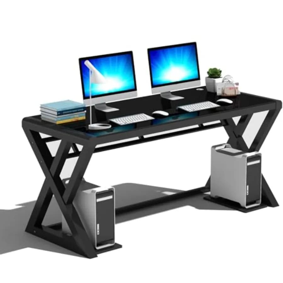 Scrivania per Computer e Gaming, Scrivania per Ufficio Domestico 55,1 Pollici - Moderna Scrivania in Vetro per Studio e Lavoro