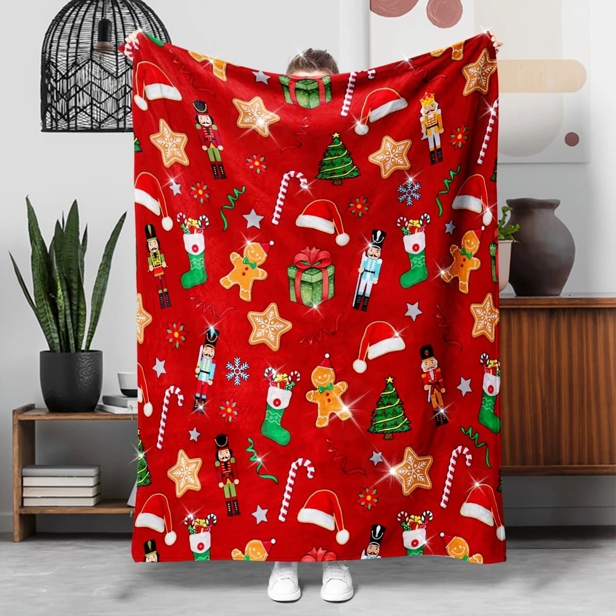 1pc Sexy Red Christmas Pattern Blanket, Suitable for Sofa, Bed, Office, Gym Nap Blanket, for Outdoor Camping, Travel Cover, Ultr