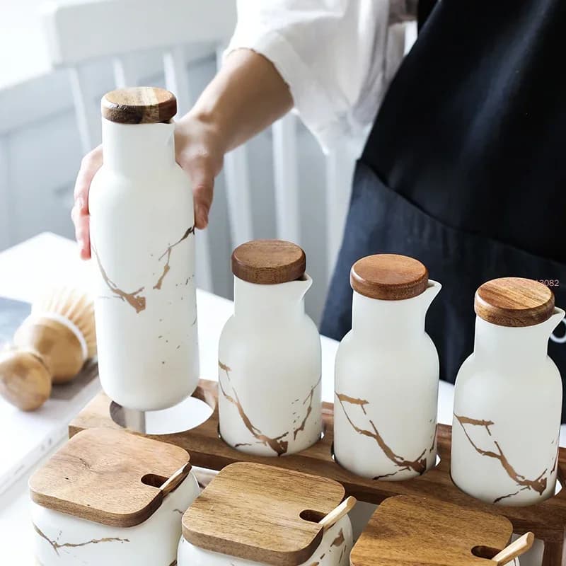 Ceramics Marble Pattern Oiler Soy Sauce Vinegar Bottle Restaurant Seasoning Pot Home Kitchen Tools Seasoning Jar Set Combination