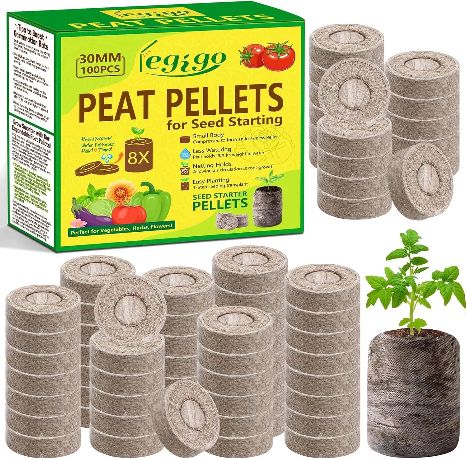 100 Pezzi Pellet di Torba da 30mm per Semina - Cialde Compressate per Piantine da Giardino, Erbe, Fiori e Verdure
