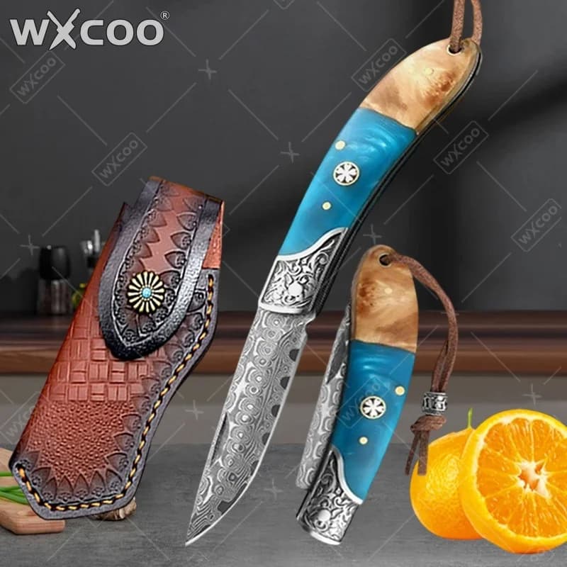 Coltello Pieghevole Professionale WXCOO con Motivo Damascato per Cucina, Coltello Tascabile Multiuso per Tagliare Carne e Frutta con Fodero