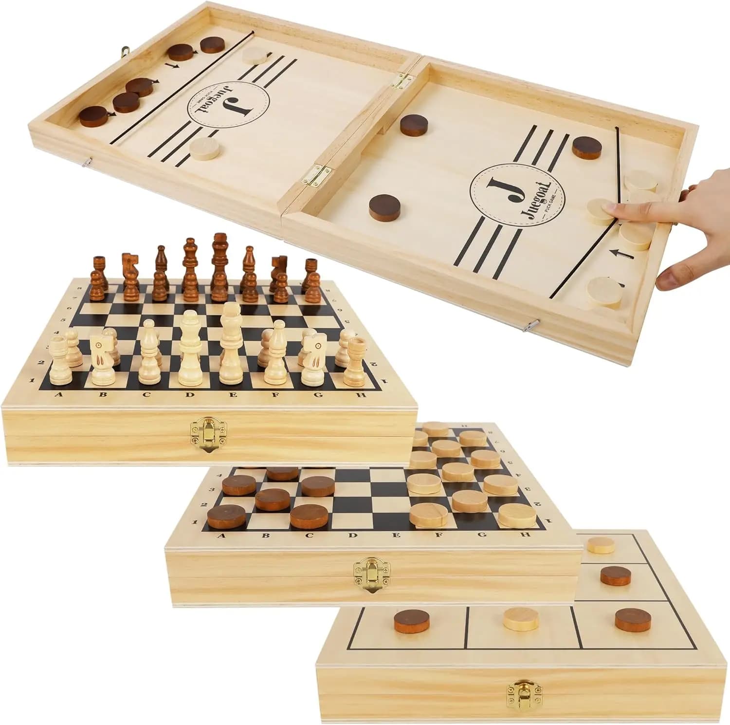 Set 4-in-1 in Legno con Gioco Sling Puck, Scacchi, Dama e Tris - Gioco da Tavolo Pieghevole Portatile per Divertimento in Famiglia