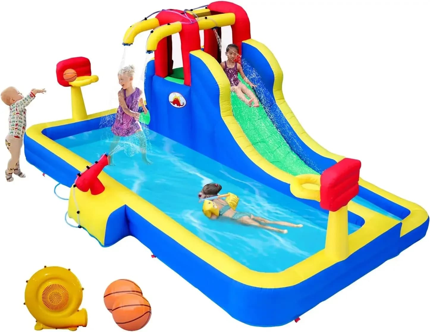 Parco acquatico gonfiabile AFor con ventilatore, scivolo con cannone ad acqua e doppi anelli da basket