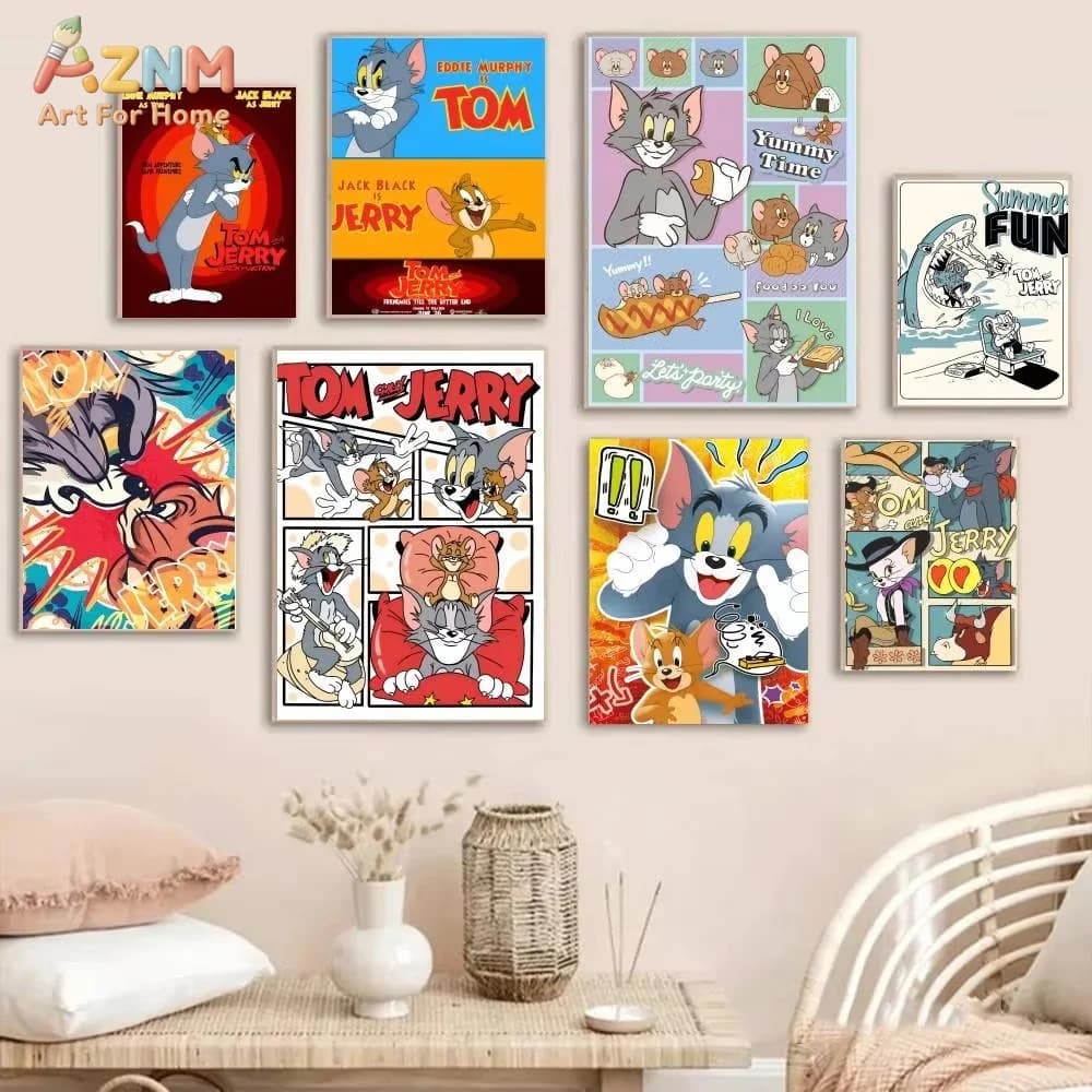 1PC ，Cartoon Cute T-Tom And J-Jerry Poster Art With Prints Home Bedroom Living Room Decoration Gift