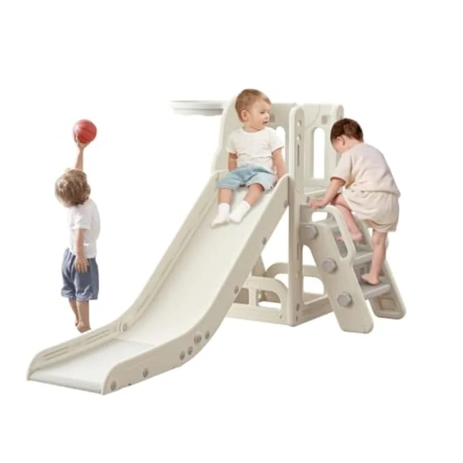 Scivolo per Bambini, Scivolo con Area di Stoccaggio e Gradini Antiscivolo, Set da Gioco per Interni ed Esterni con Canestro da Basket e Telescopio