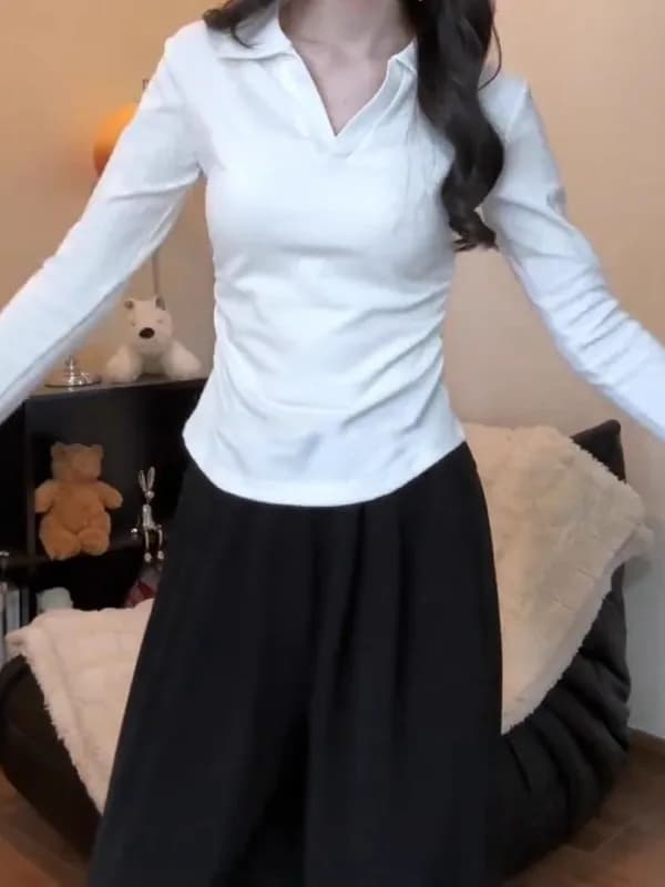 Maglietta a maniche lunghe in puro cotone da donna, taglie forti, con pieghe in vita, effetto snellente, maglia intima base, top primaverile
