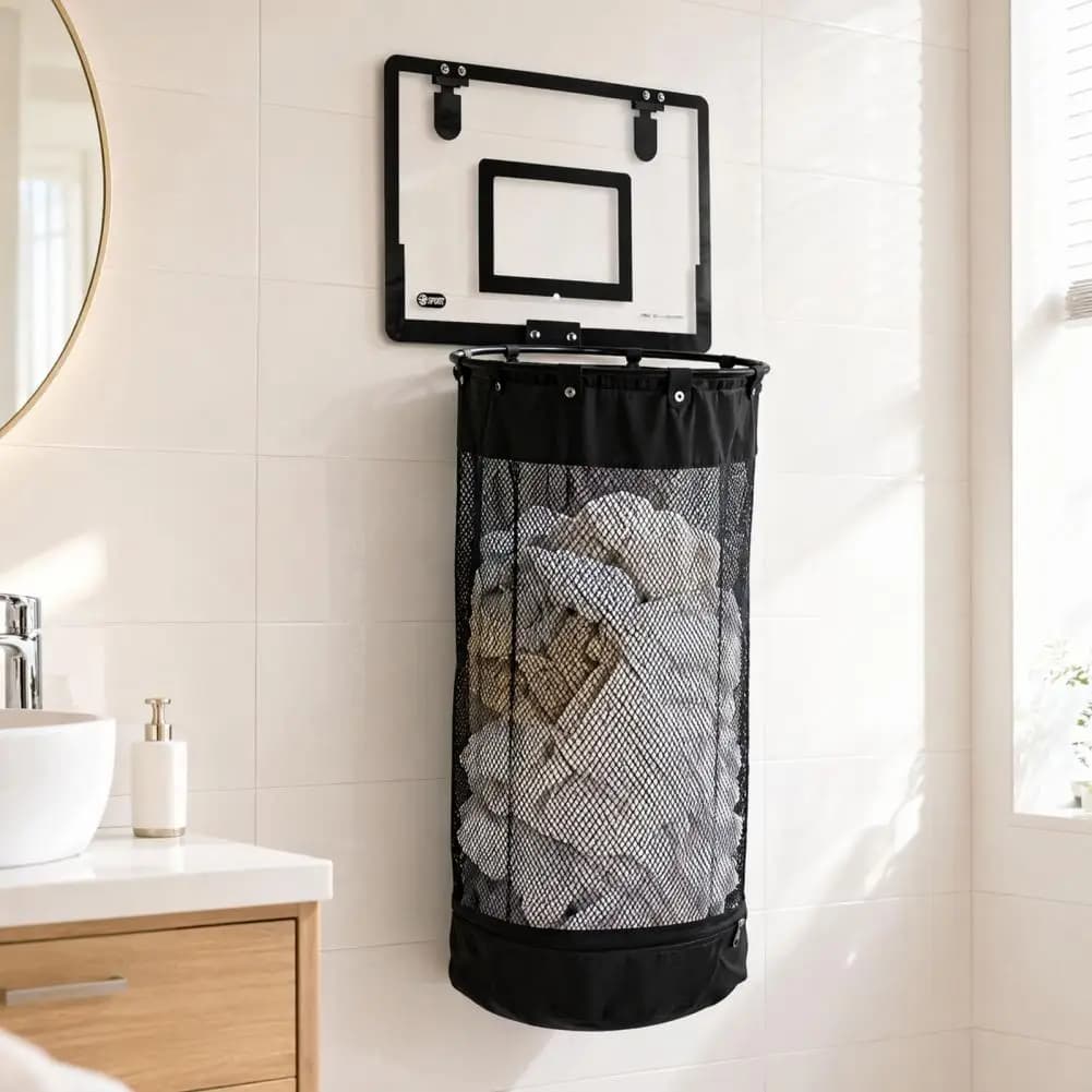 Breathable Laundry Hamper Laundry Basket with Basketball Hoop Zipper Bottom Breathable Mesh Storage Bag for Clothes for Rental