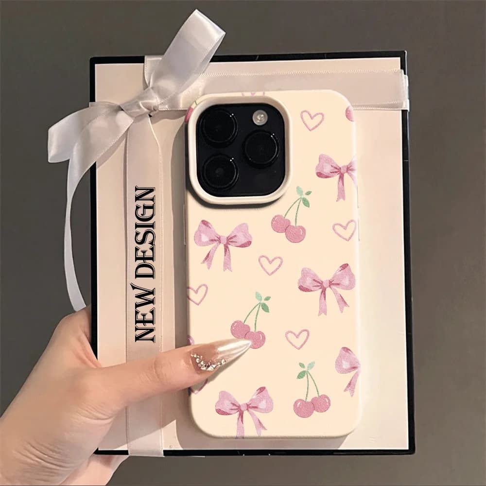 Custodia Morbida in TPU con Motivo Ciliegie e Cuori Sweet Coquette per iPhone 17 14 11 12 13 16 15 Pro Max 17Air 15 14 16 Plus XR