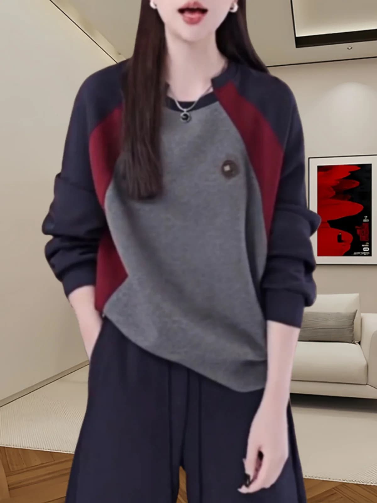 Felpa con cappuccio da donna stile coreano, girocollo, a maniche lunghe, color block, casual, alla moda, effetto snellente