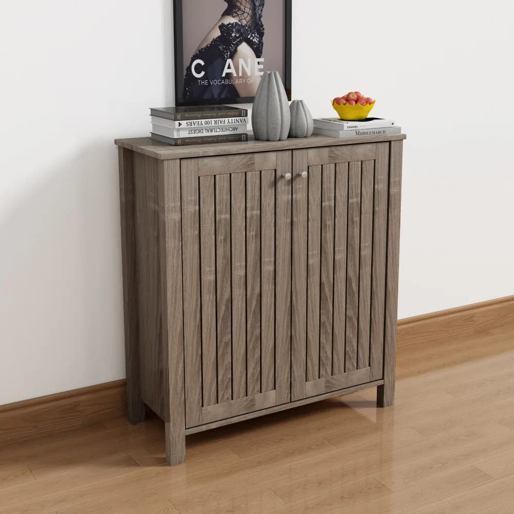 Scarpiera Armadietto portaoggetti Armadietto da ingresso con due ante Porte ventilate stile a doghe Maniglia con pomello in metallo Quattro ripiani