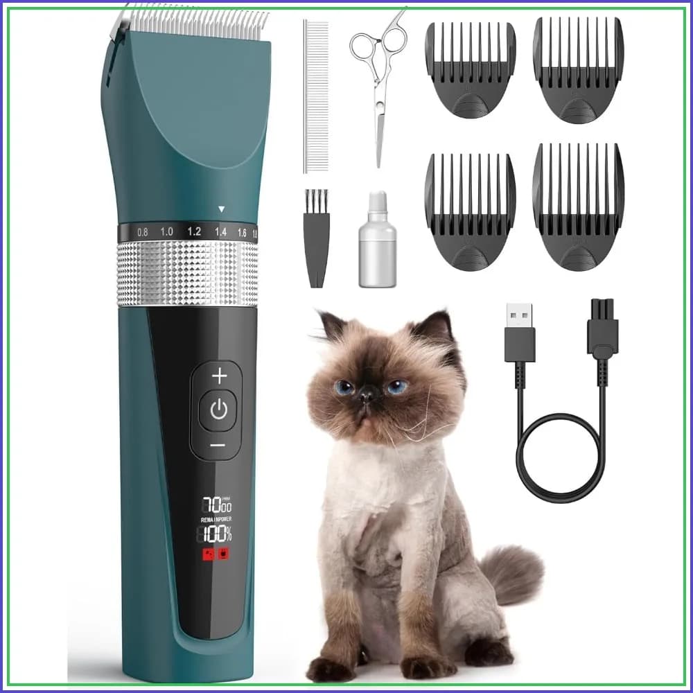 Cat Clippers for Matted Hair, 5-Speed Quiet Grooming Kit, Cordless Pet Shaver, Waterproof Trimmer for Long Hair, Green