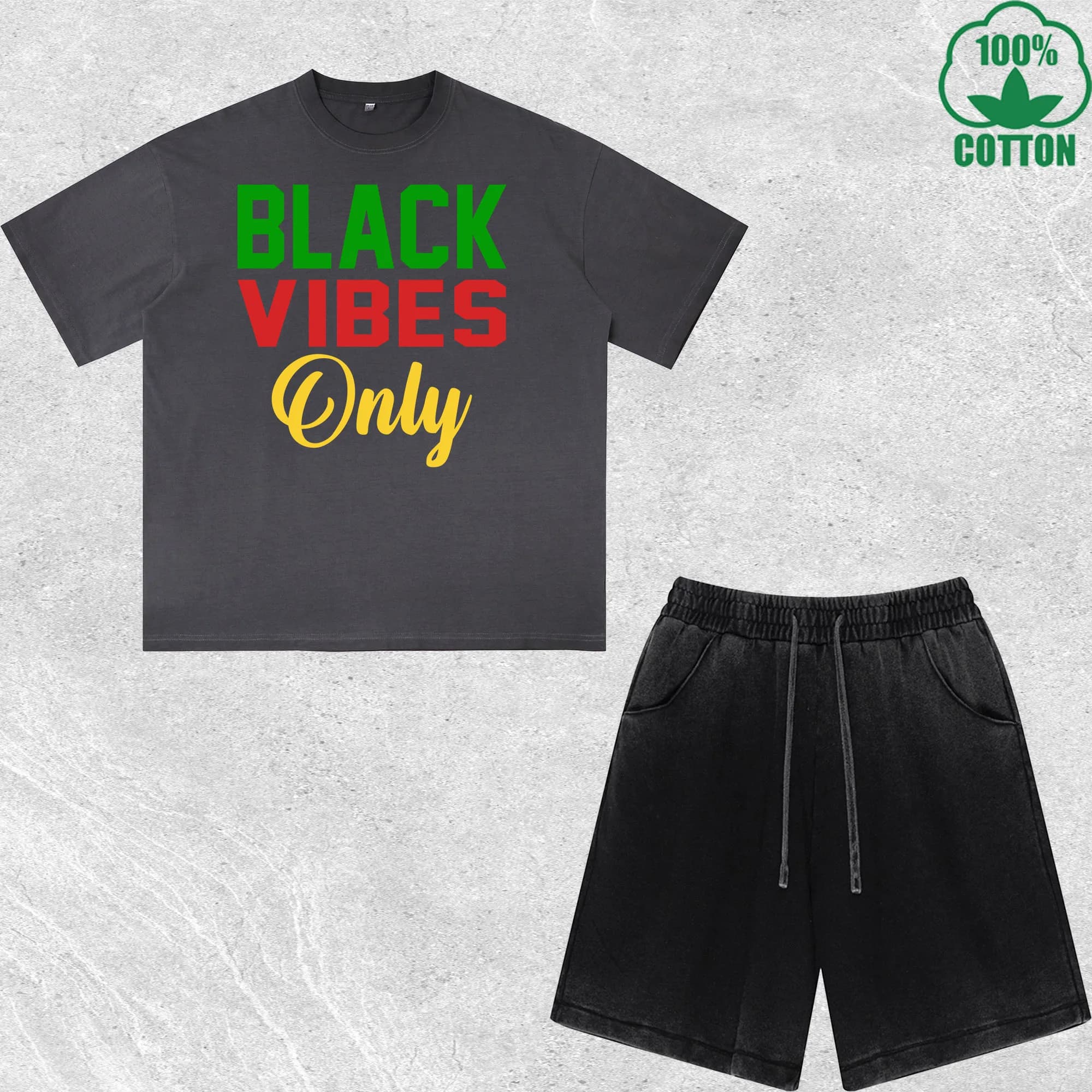 Complete T-Shirt and Balck Vibes Shorts Printed Usured Effect, Wide fit, Trendy and Fashion, 100% Cotton, Convenience Pack